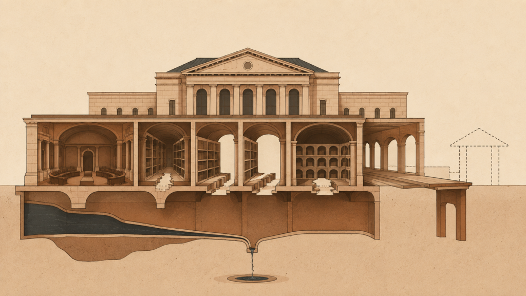Minimalist architectural illustration showing a cultural archive whose governance, documentation, funding, and succession systems quietly deteriorate while the archive itself remains standing.
