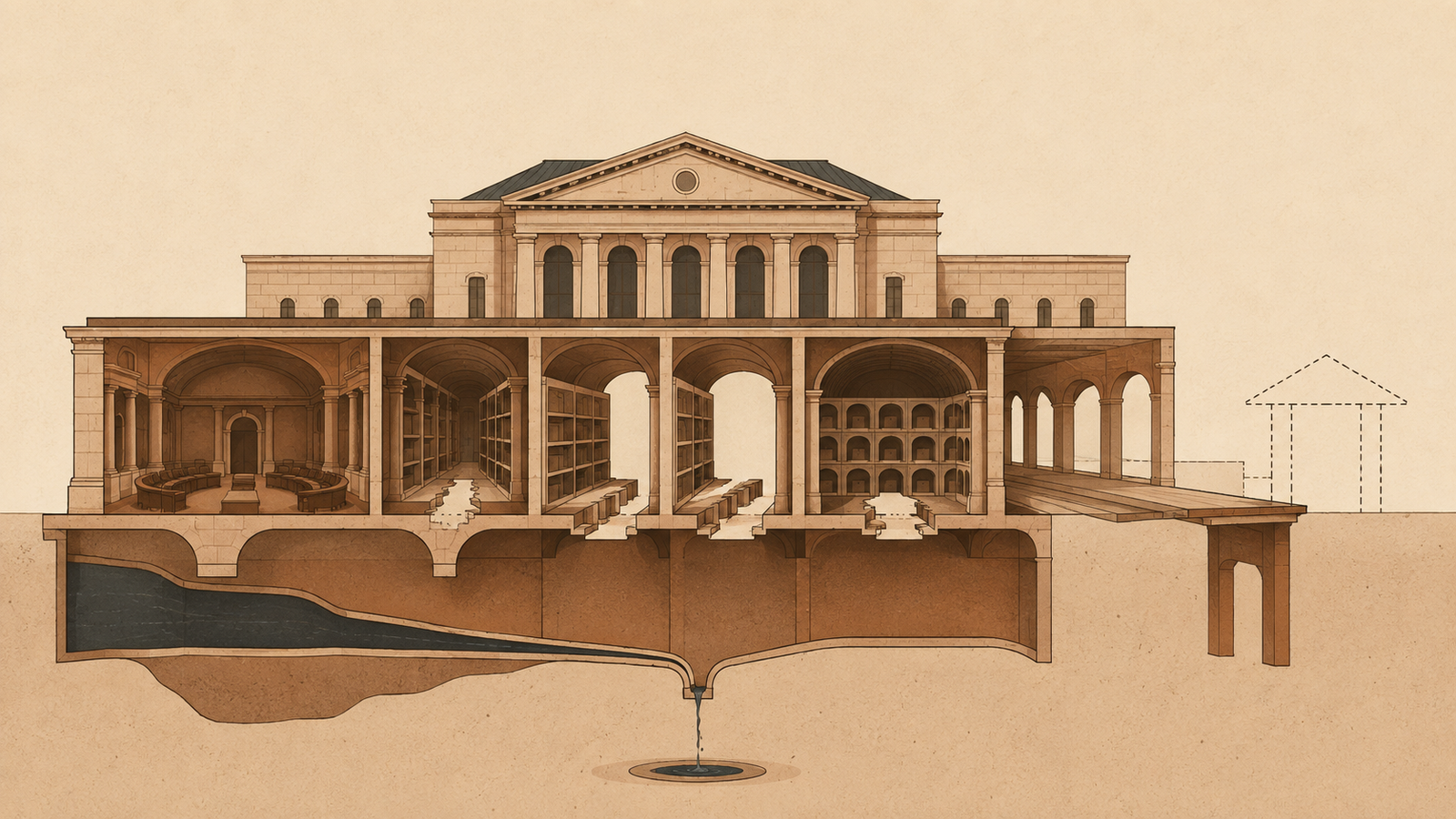 Architectural illustration showing why cultural archives fail when governance, documentation, funding, preservation, and succession systems fragment.