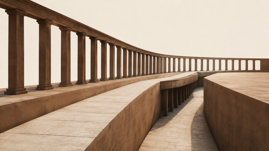 A continuous architectural pathway descends through a low passage and rises again beneath an intact colonnade, symbolizing faith, suffering, endurance, and God's presence.