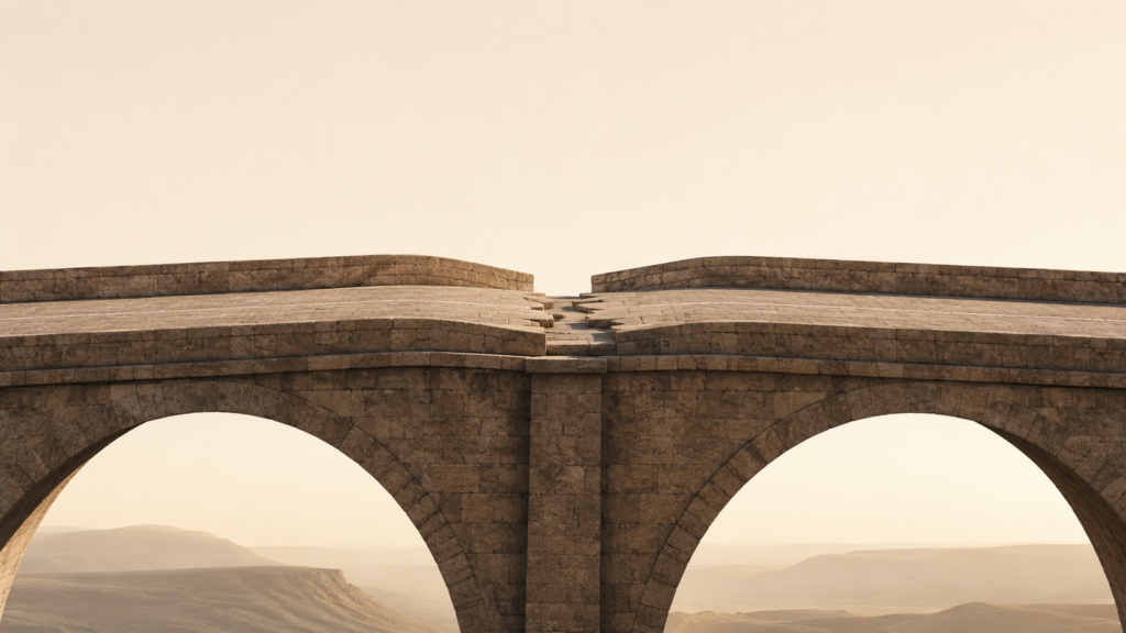 Minimalist architectural bridge with two pathways meeting over a stable structure, symbolizing healthy relationships requiring adjustment rather than effortless harmony.