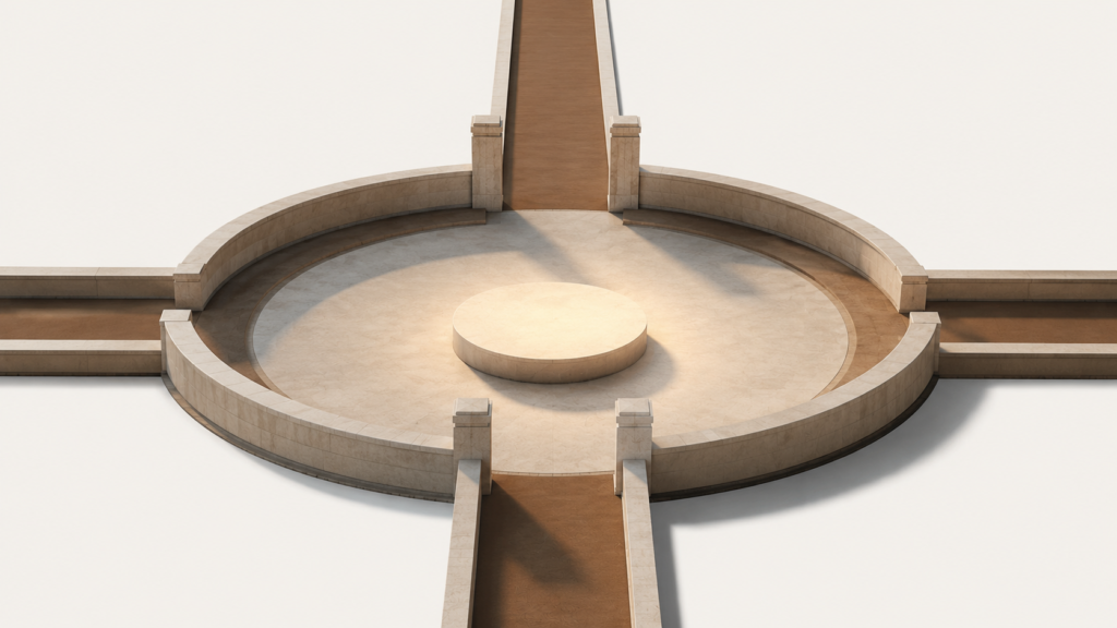 A minimalist circular architectural courtyard with four pathways converging toward an illuminated center, symbolizing prayer, God's presence, and faithful return through every season.