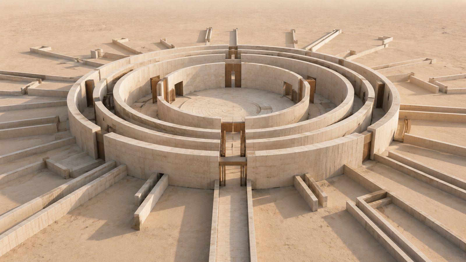 Minimalist architectural illustration of a protected circular courtyard with many approaching corridors but only one controlled entrance, symbolizing discernment, emotional restraint, and the wisdom of not responding to everything.