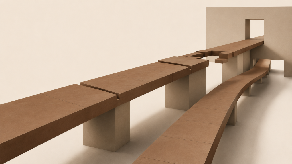 Minimalist architectural walkway continuing toward visible structural problems while a stable alternative path remains available, representing why people ignore red flags.