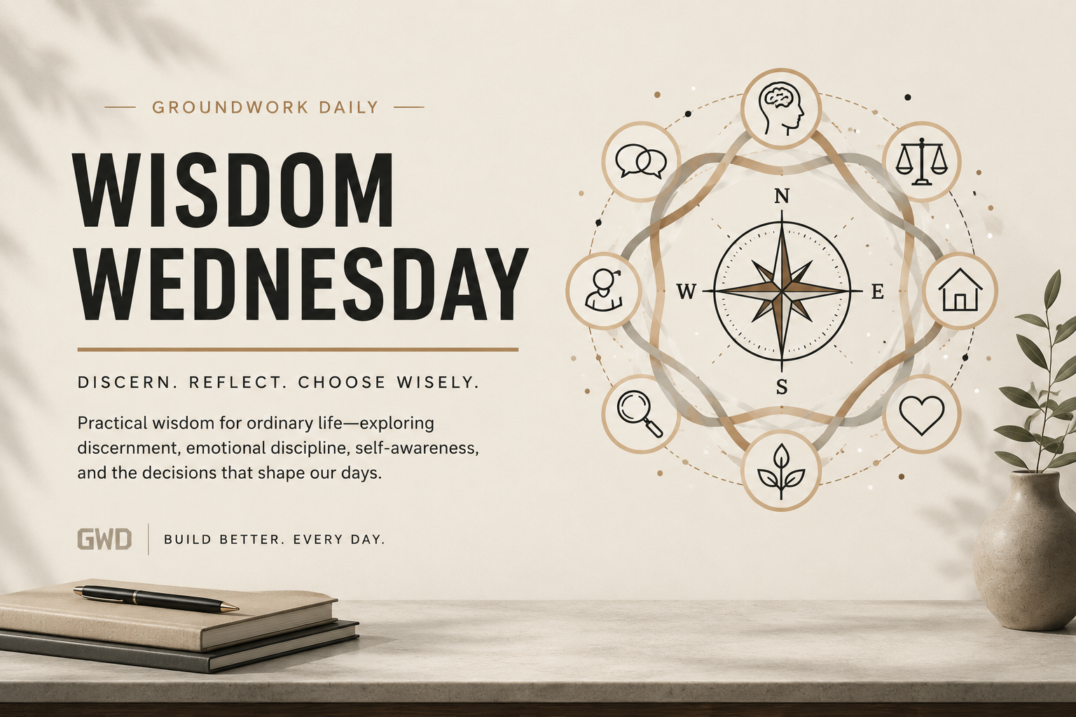 Wisdom Wednesday series hub banner for Groundwork Daily, a series by N. Grace James about discernment, emotional discipline, self-awareness, and wiser decisions.