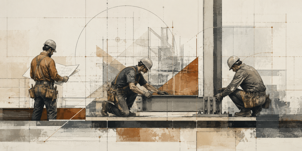 Architectural illustration of a skilled trades crew following a measured work sequence, representing discipline becoming repeatable process.