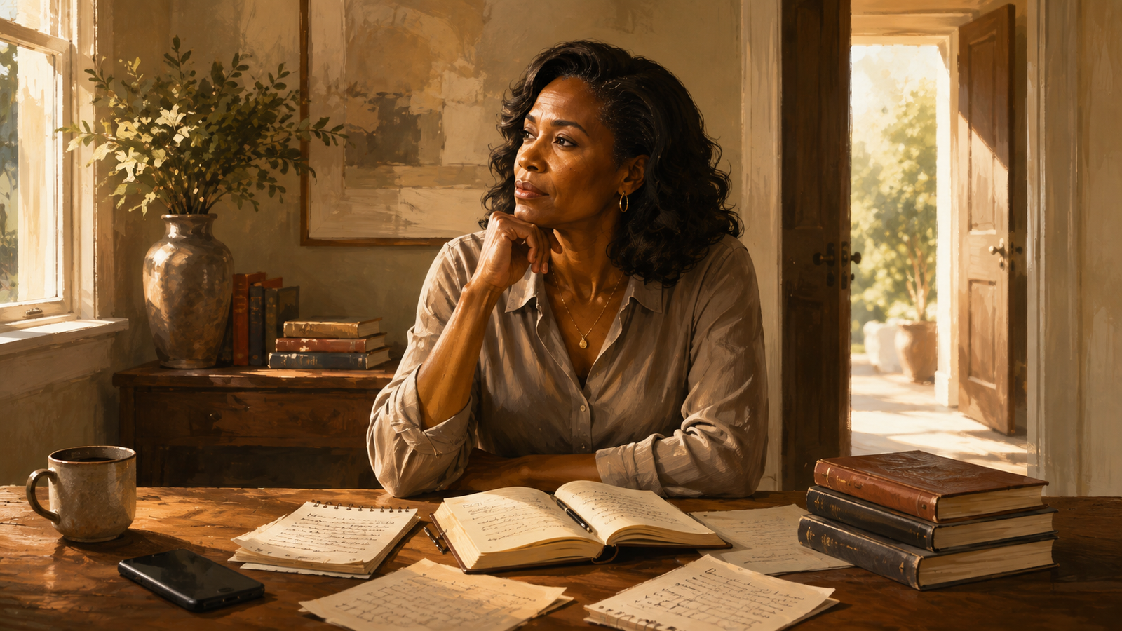 You Don’t Need More Advice. You Need a Decision. A thoughtful woman sits with notes and books before making a decision, illustrating how seeking more advice can become a form of avoidance.