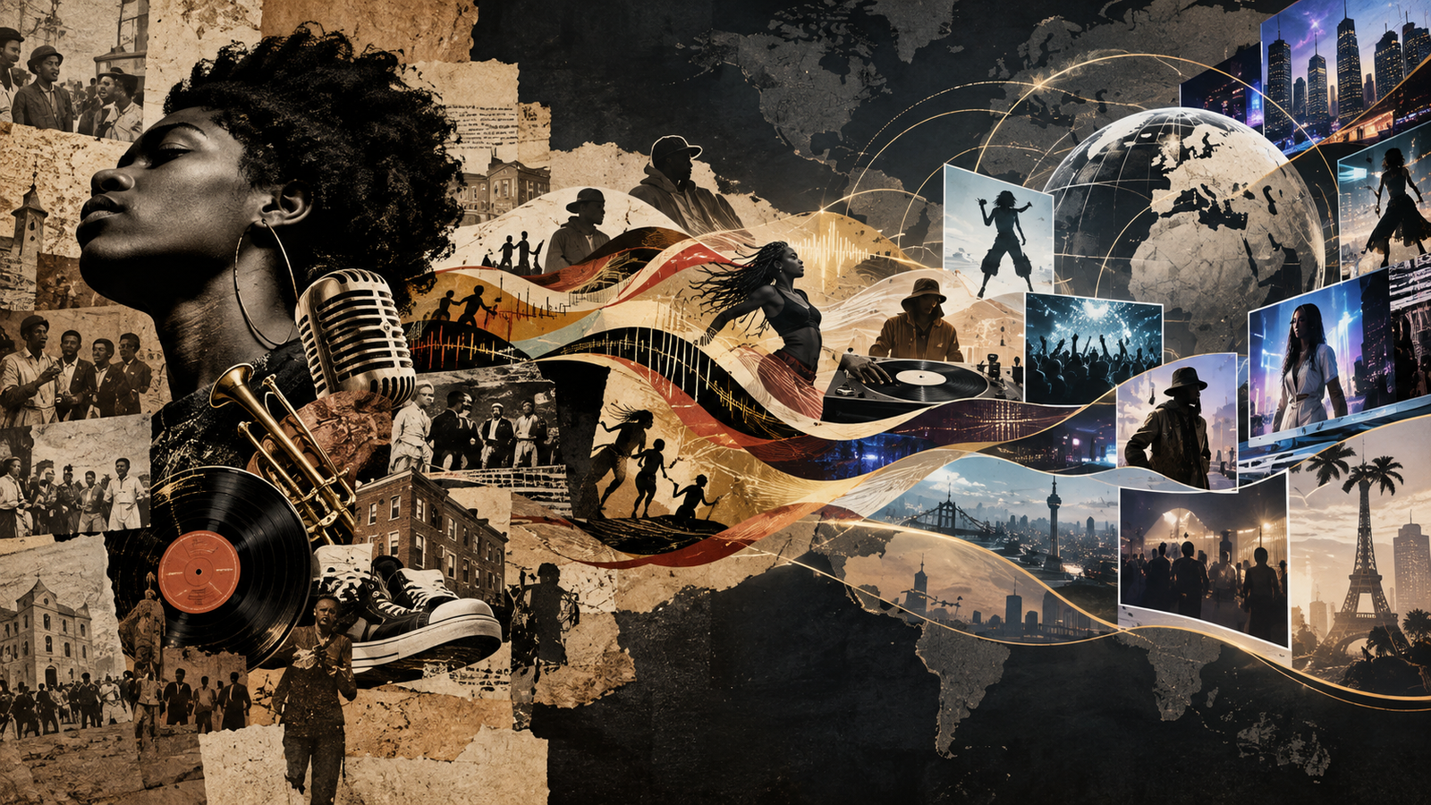 Editorial illustration showing Black American cultural expression traveling globally while its historical roots gradually fade from view.