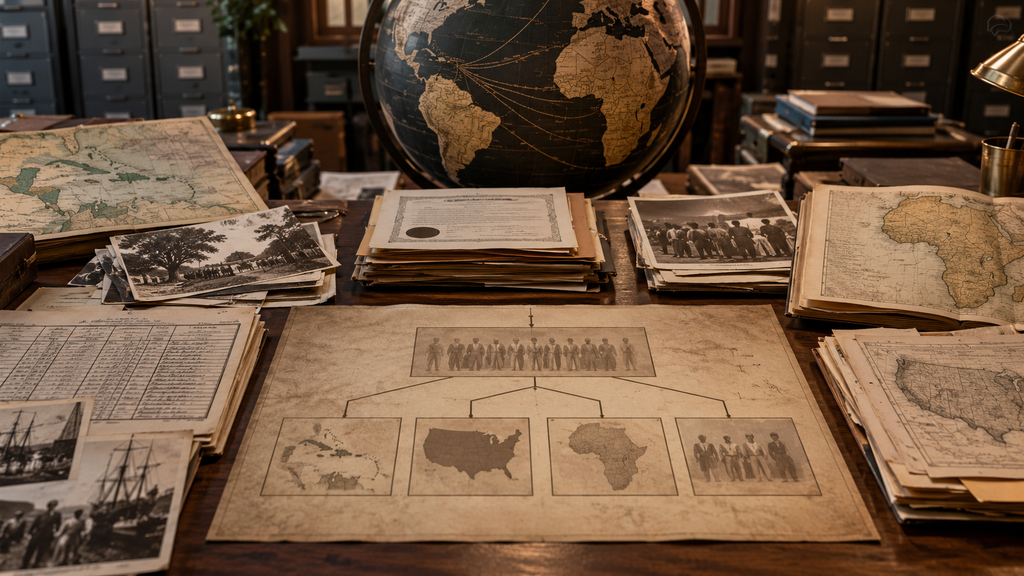 Editorial illustration showing archival records, genealogy documents, maps, and civic classification pathways representing the differences between race, nationality, ancestry, ethnicity, and lineage in Black American identity.