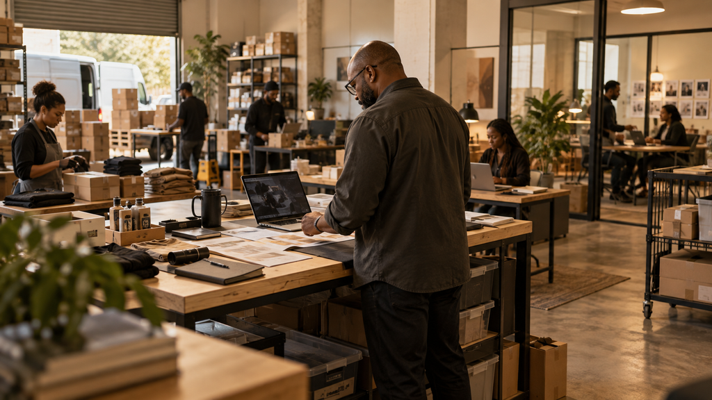 Black business owner overseeing employees, operations, inventory, and workflows inside a growing employer business built to scale beyond the founder.