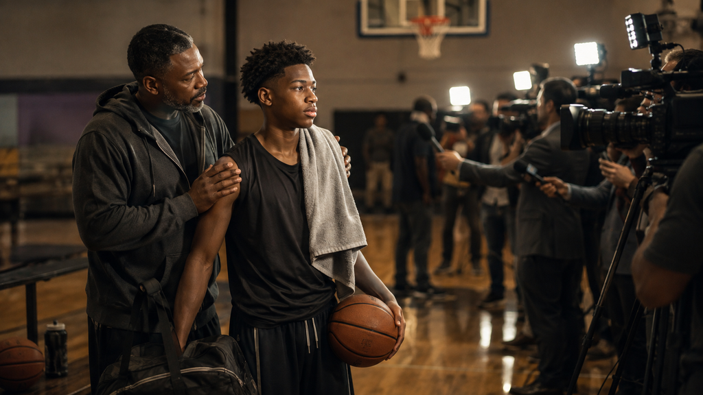 Black father standing beside his teenage basketball player after practice while sports media cameras focus on the young athlete, illustrating the difference between family presence and public recognition.