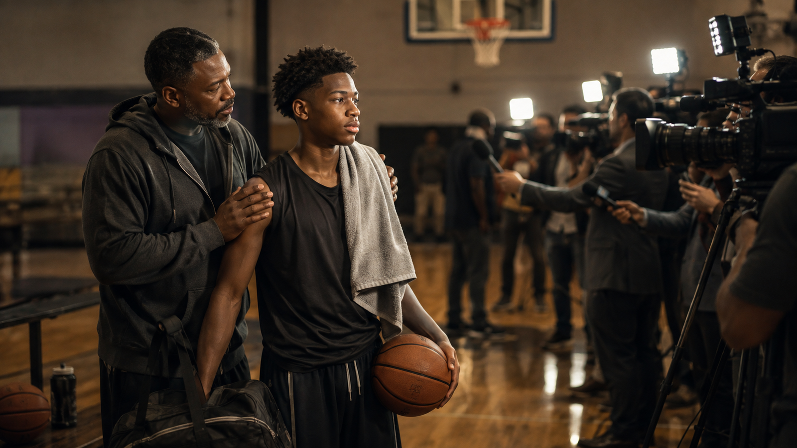 Black father standing beside his teenage basketball player after practice while sports media cameras focus on the young athlete, illustrating the difference between family presence and public recognition.