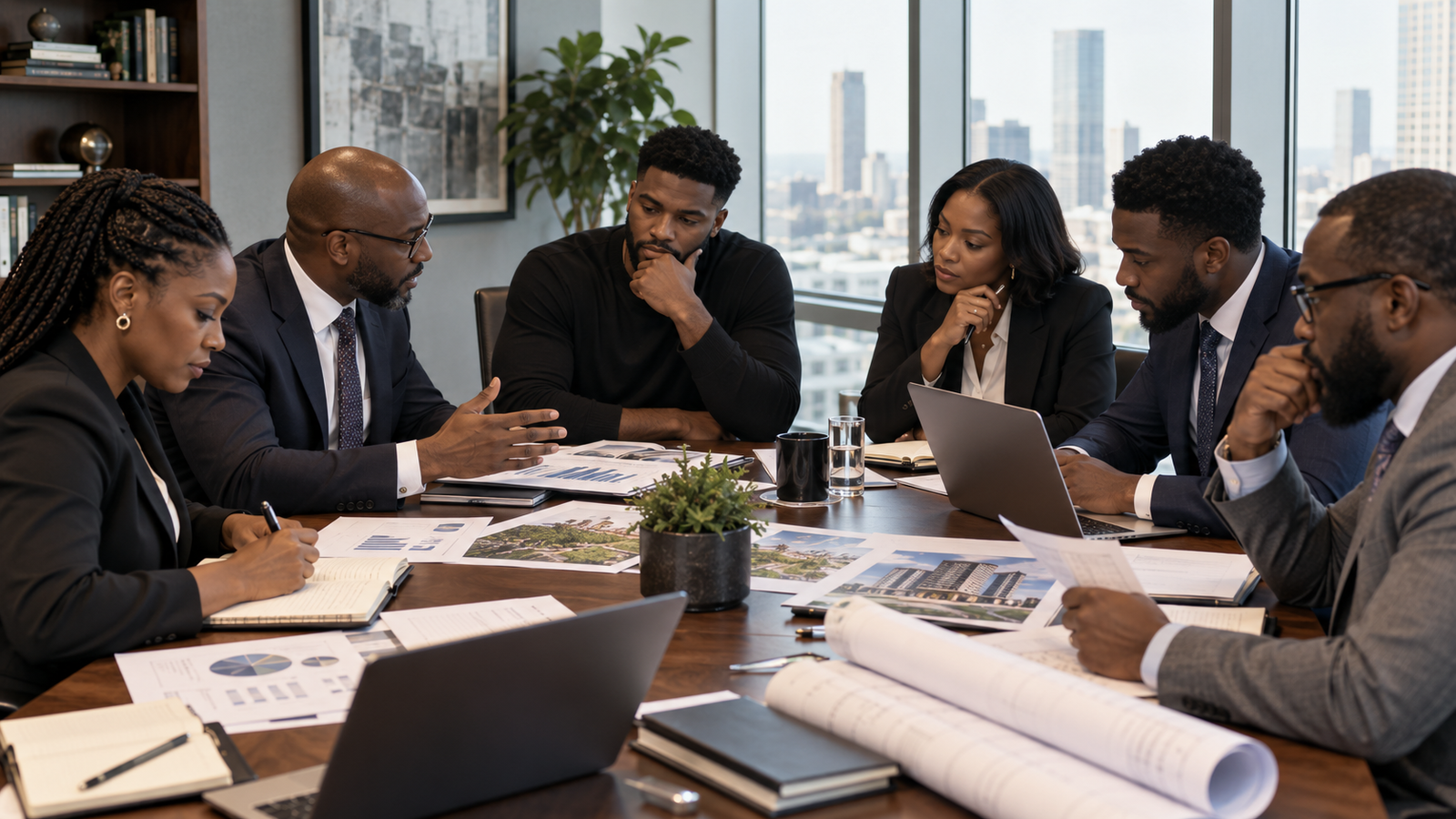 Black Financial Professionals as Economic Infrastructure Black financial professionals advising a client on investment strategy, legal structure, capital allocation, and wealth management.