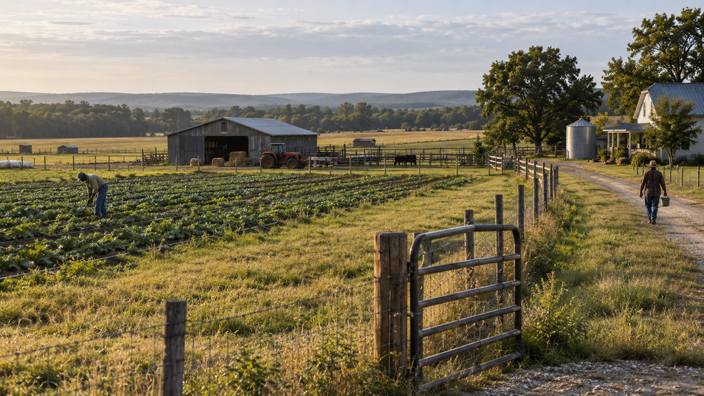 Black farmers tending a maintained rural property, illustrating Black land ownership, stewardship, and the systems required to preserve land across generations.