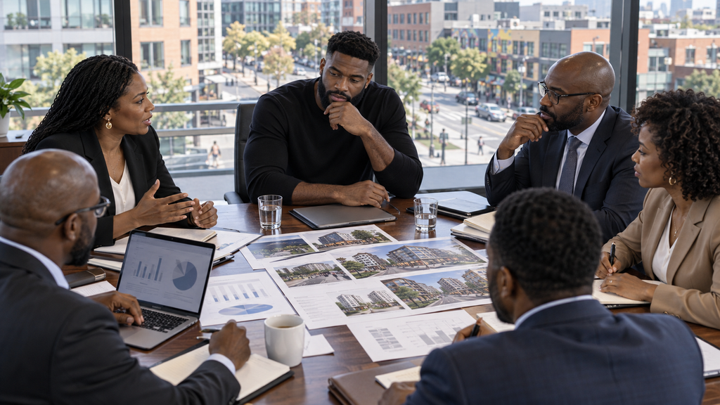 Black financial professionals reviewing investment and community development opportunities around a conference table.
