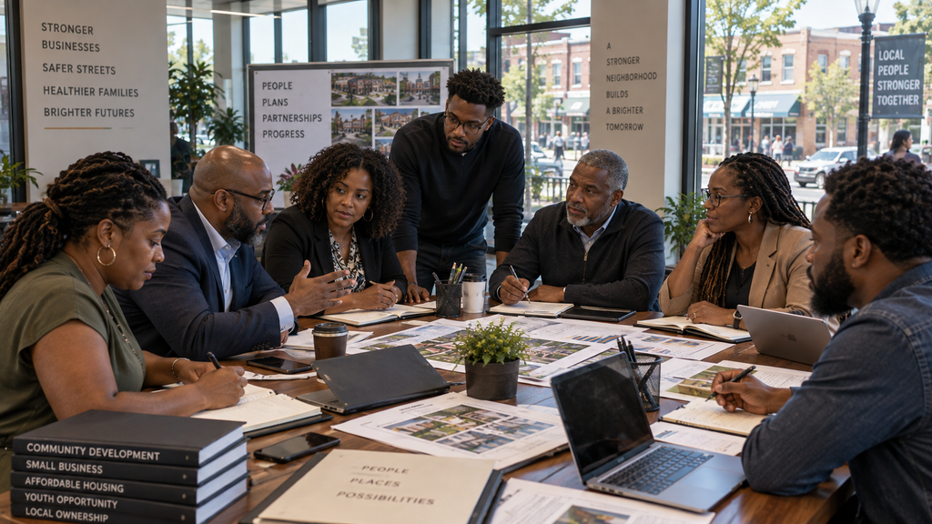 Black community members and professionals reviewing pooled investment, governance, project funding, and recurring participation plans.