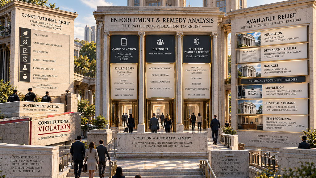 Architectural illustration showing a constitutional violation moving through enforcement pathways toward injunctions, damages, suppression, and other remedies.