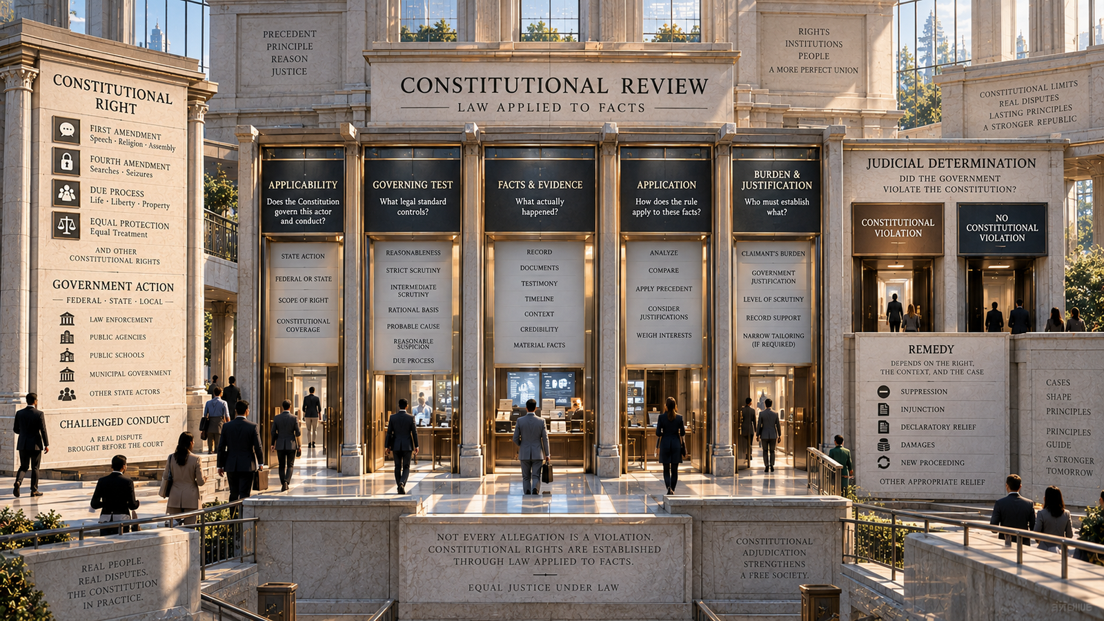 Architectural illustration showing courts applying constitutional rights, legal tests, and facts to determine whether government violated the Constitution.