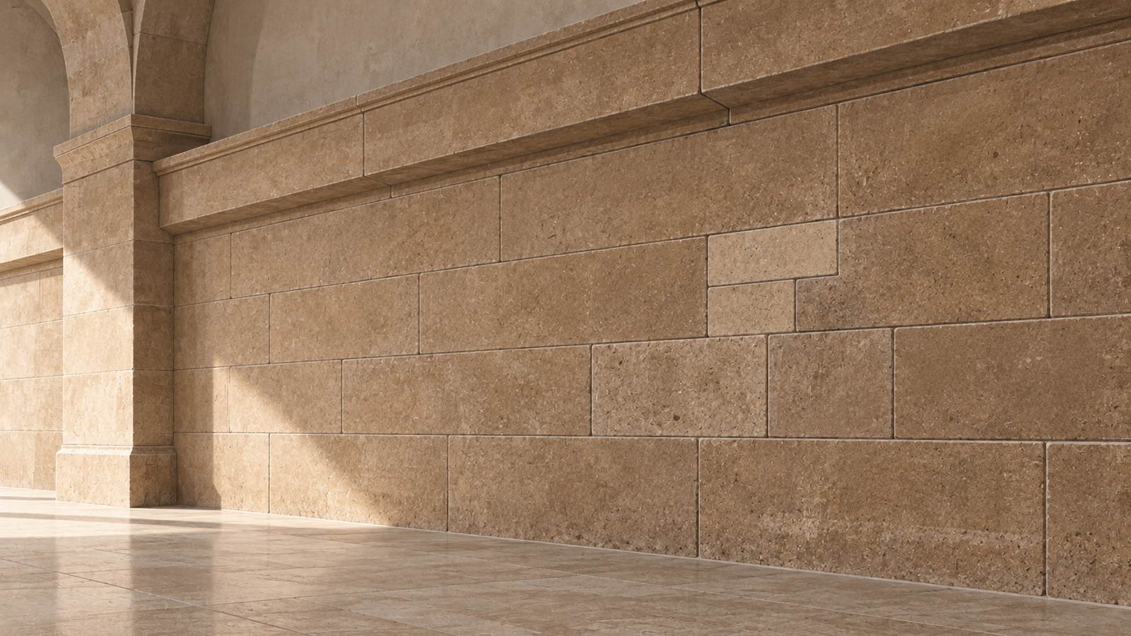 Limestone wall with a corrected masonry course returning to alignment while remaining part of the load-bearing structure.