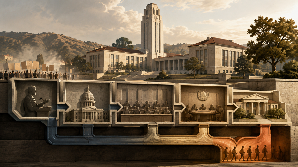 Institutional illustration showing California public higher education shifting from public subsidy toward student fees through interconnected government and university structures.