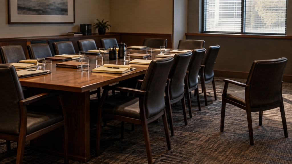 An empty jury deliberation room with eleven chairs grouped around a table and one chair slightly separated, representing consensus, dissent, empathy, and accountability.