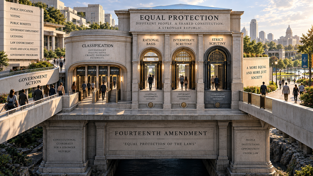 Architectural illustration showing government classifications passing through rational basis, intermediate scrutiny, and strict scrutiny under the Fourteenth Amendment’s Equal Protection Clause.