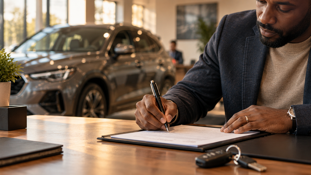 Person signing a car purchase agreement with keys on the table, illustrating fake affordability and long-term financial commitment.