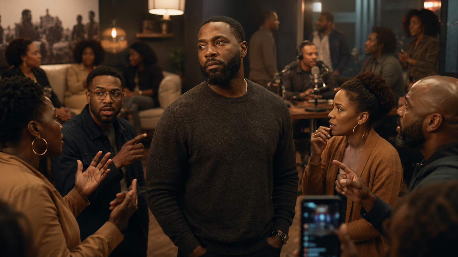 Black man standing calmly amid a tense social conversation, representing sexuality being used to question masculinity during cultural and gender conflict.