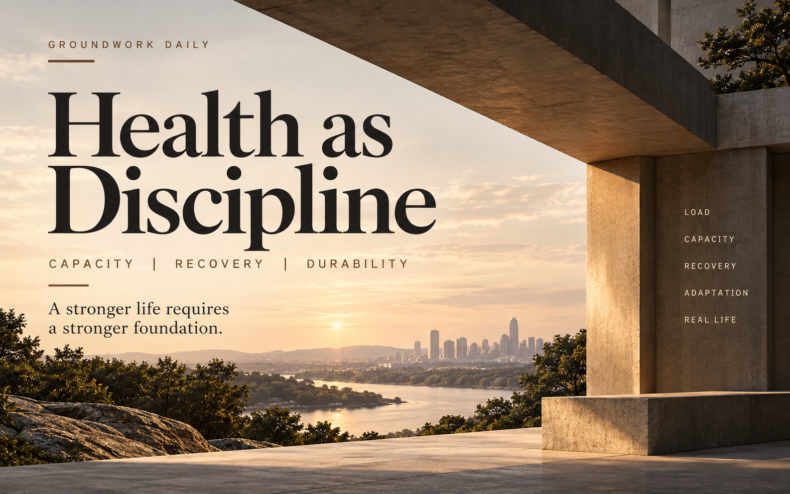 Health as Discipline series banner with architectural structures representing load, capacity, recovery, adaptation, and durable health.