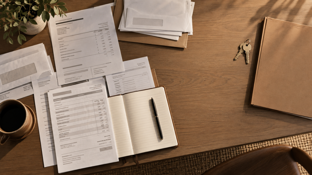 Editorial illustration of household financial documents occupying part of a table while open space remains available, representing household operating margin.