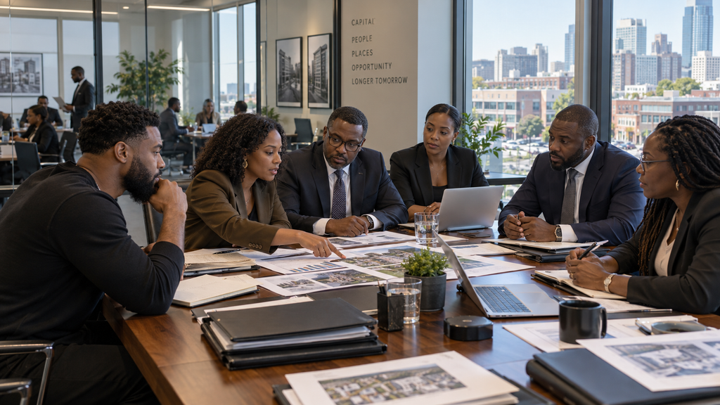 Black professionals operating an investment institution around a successful Black client, illustrating the difference between individual wealth and institutional economic power.