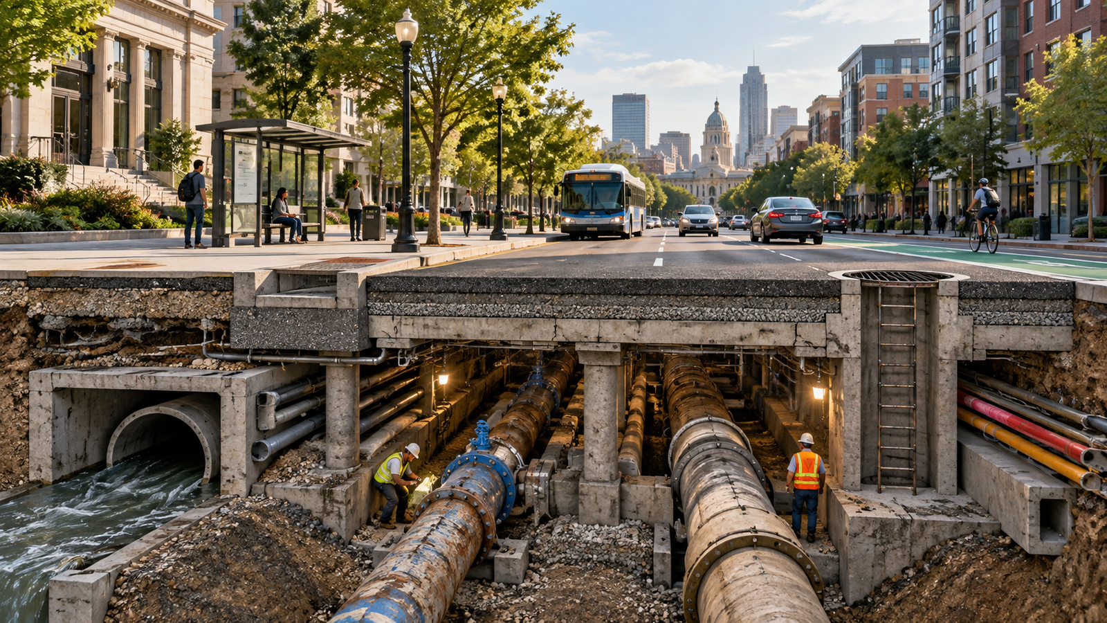 Cutaway illustration of a city showing roads, sidewalks, utilities, drainage, transit infrastructure, and aging systems requiring ongoing maintenance beneath the visible streetscape.
