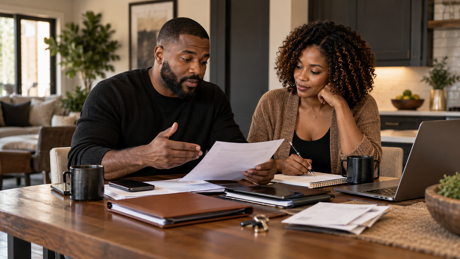Leadership in a Relationship Requires Earned Trust Two Black adults reviewing household responsibilities and decisions at a kitchen table, representing leadership, accountability, and earned trust in a relationship.