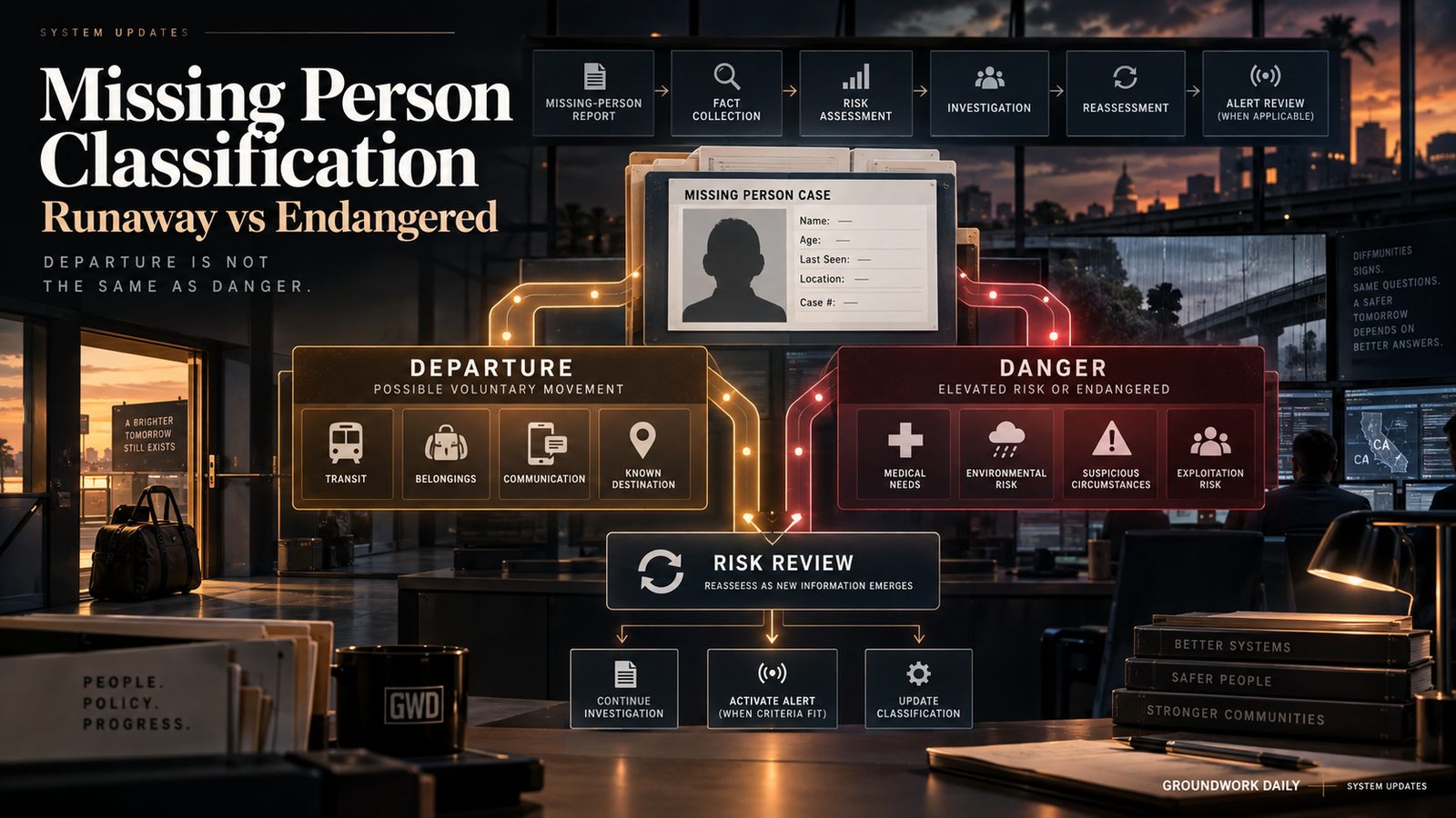 Missing person classification illustration showing departure and danger pathways converging at risk review, reassessment, and alert eligibility.