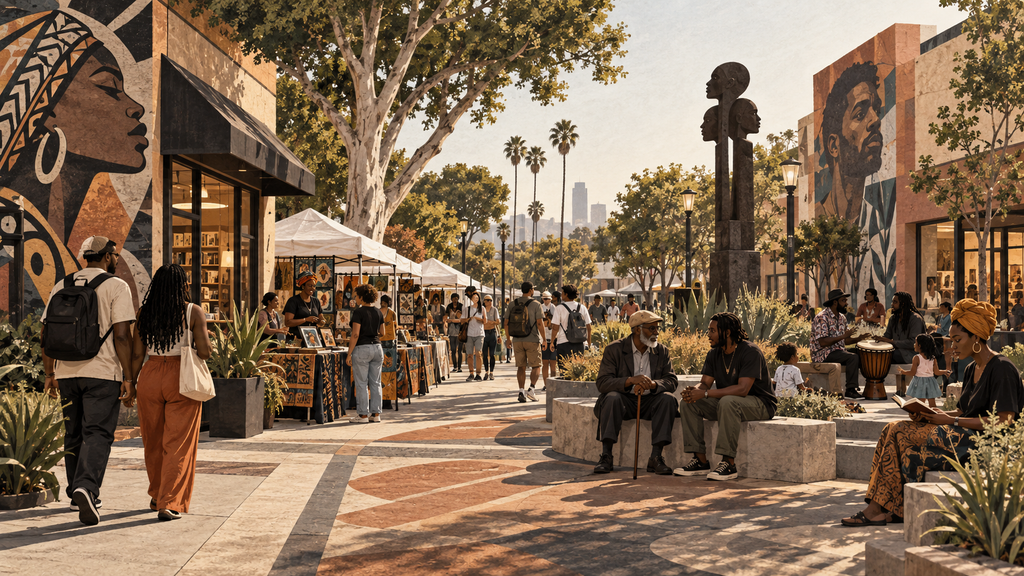 Editorial illustration of a historically Black cultural district with local businesses, public gathering spaces, vendors, families, and visitors sharing the neighborhood.