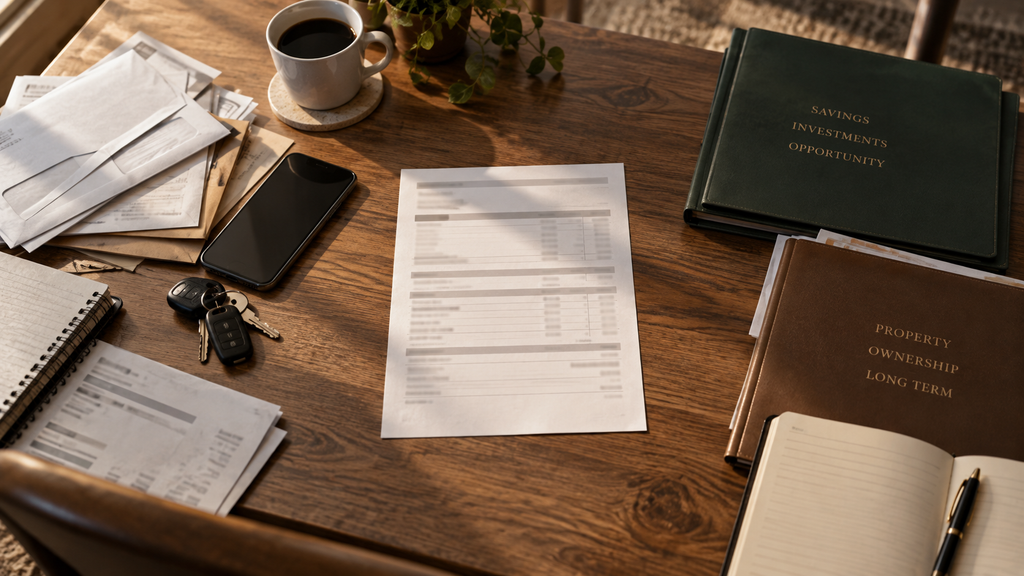 Overhead household table with a pay statement between recurring obligations and a deliberate savings and ownership area, illustrating the Raise Capture Rate.