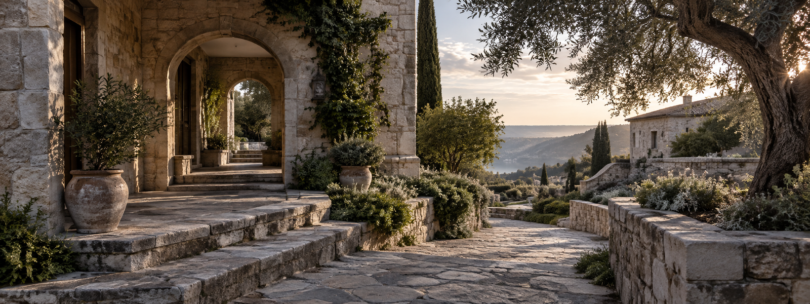 Weathered stone architecture, maintained pathways, mature trees, and repaired masonry representing The Quiet Work.