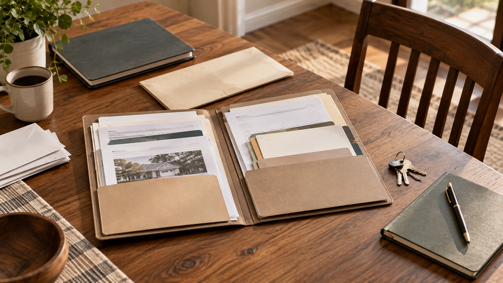Overhead household table with organized financial records, property documents, house keys, and an empty chair representing transfer readiness and financial continuity.