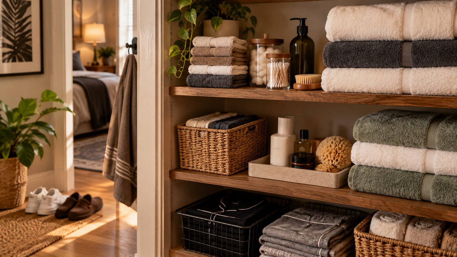 An orderly home linen area with folded washcloths, towels, grooming items, shoes, and sleepwear representing different household standards and cultural norms.