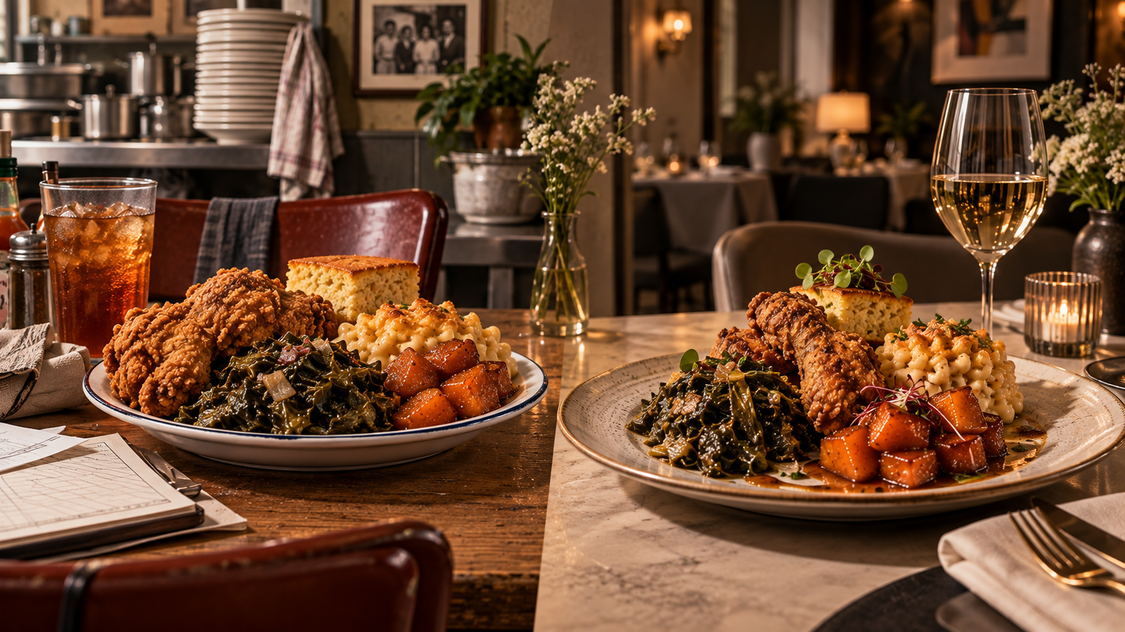 Authentic food and pricing shown through the same culturally rooted meal presented in neighborhood and premium restaurant settings.