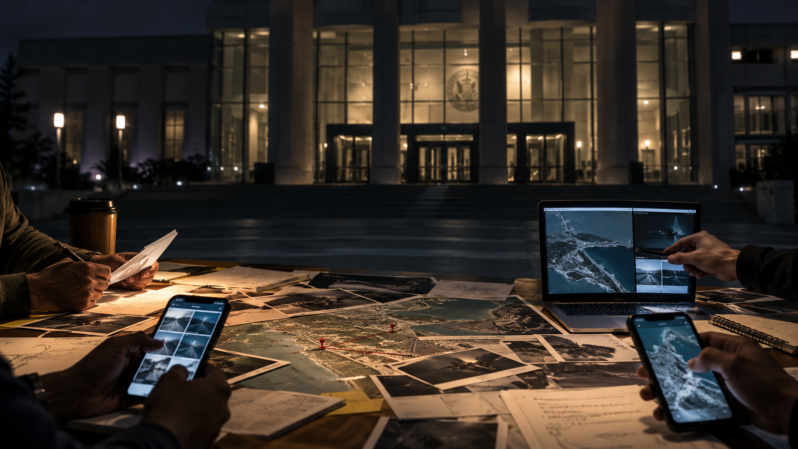 Phones, maps, documents, and photographs spread across a table as people examine information while a quiet institutional building stands in the background.