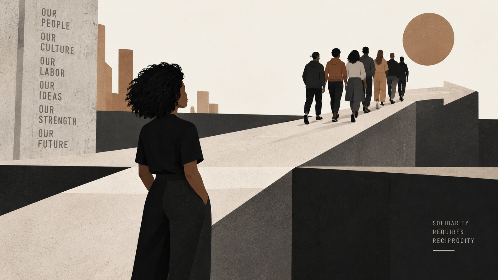 Editorial illustration representing one-way solidarity, reciprocity, Black cultural boundaries, and shared responsibility.
