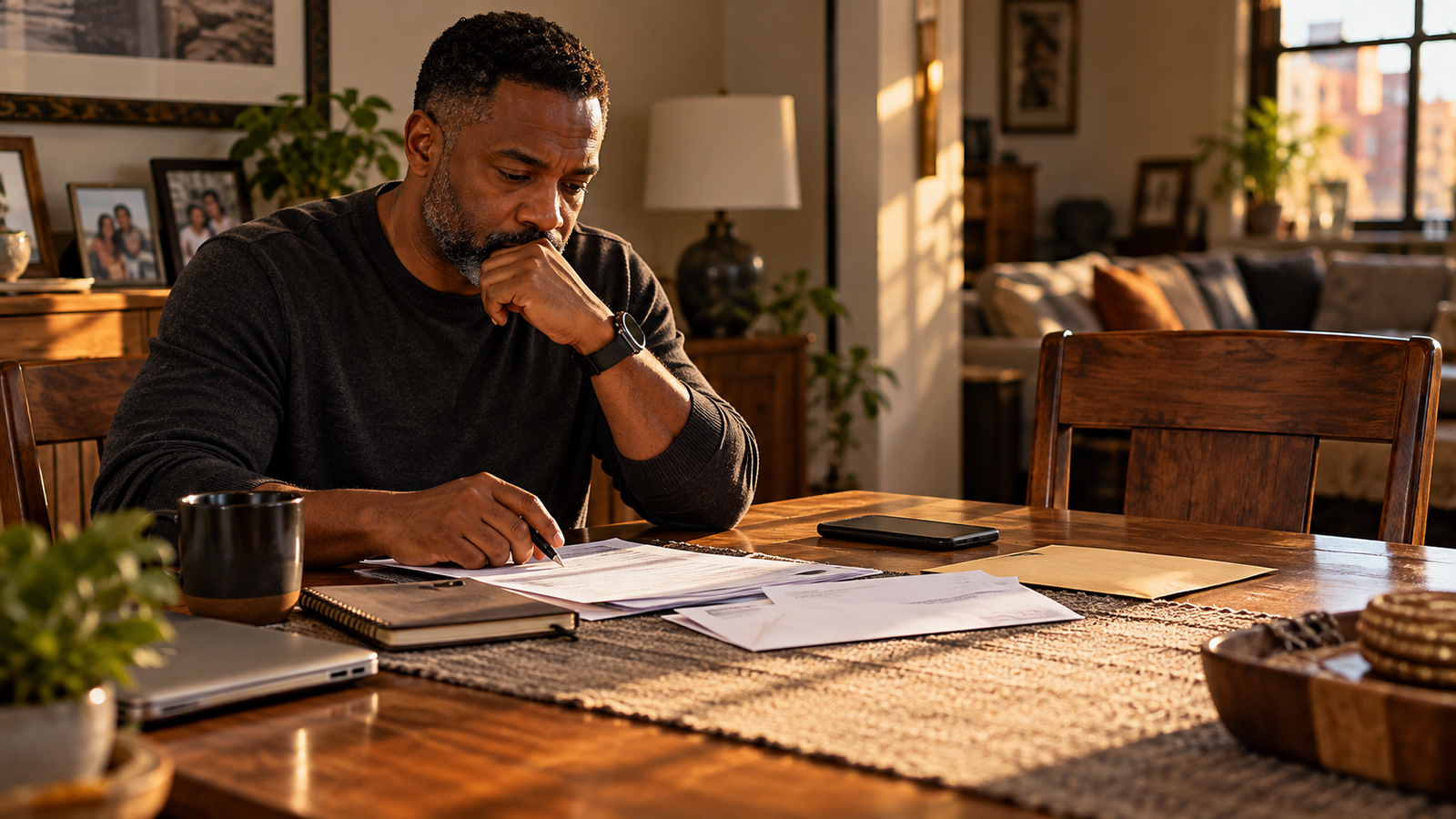 Black American adult seated at a wooden dining table reviewing household finances beside a smartphone, reflecting the responsibility of supporting family while protecting personal financial stability.