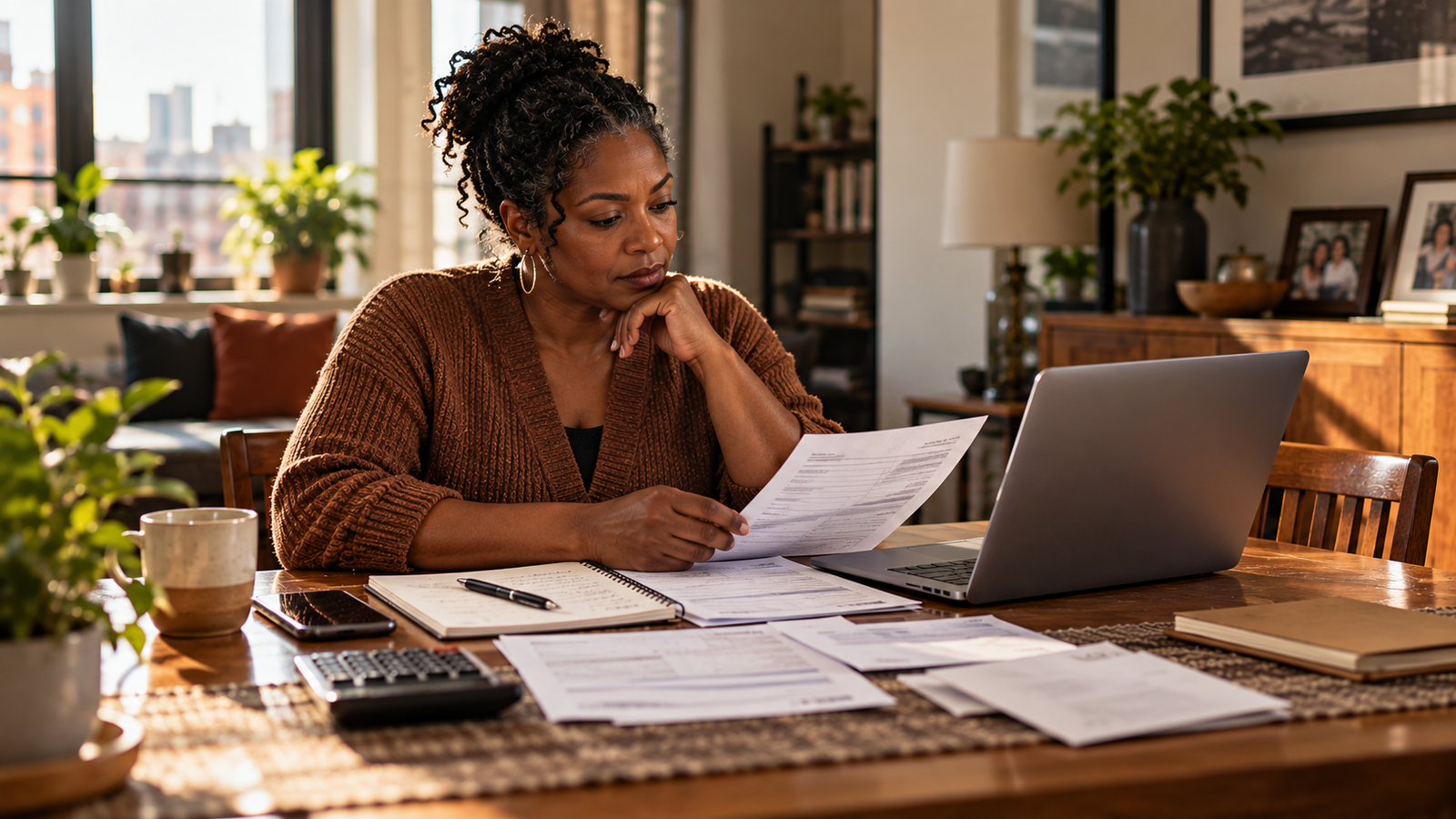 Black American woman reviewing household financial statements and recurring charges beside a laptop, notebook, and calculator at a dining table.