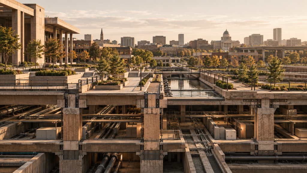A functioning civic district with exposed foundations, reinforced structural connections, utility systems, drainage, and service infrastructure illustrating stewardship and preventative maintenance.