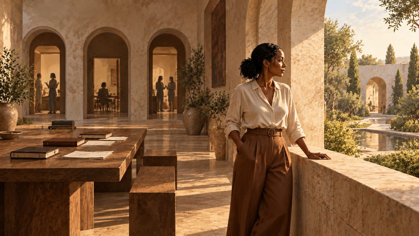 A thoughtful Black woman steps away from a table of closed notebooks toward a peaceful courtyard, illustrating the exhaustion of explaining yourself repeatedly.