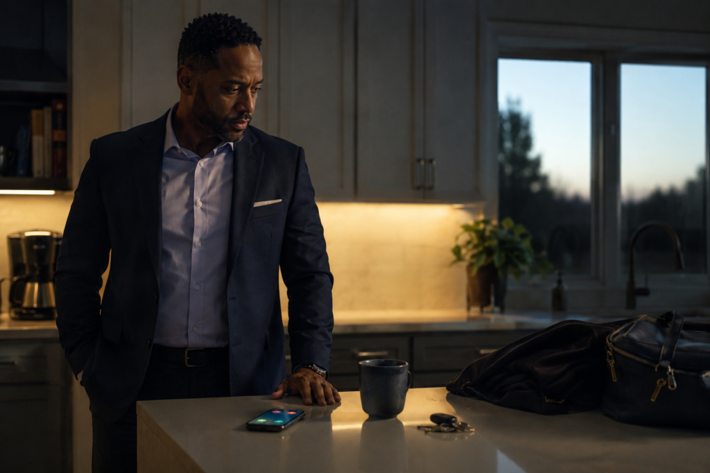 Black adult standing quietly beside a ringing phone in a predawn kitchen before beginning the day.
