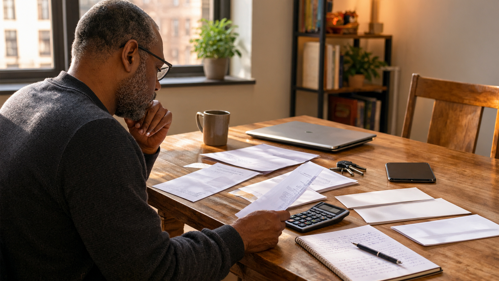 Black American adult reviewing household bills and financial documents at a dining table, prioritizing expenses during an interruption of income.
