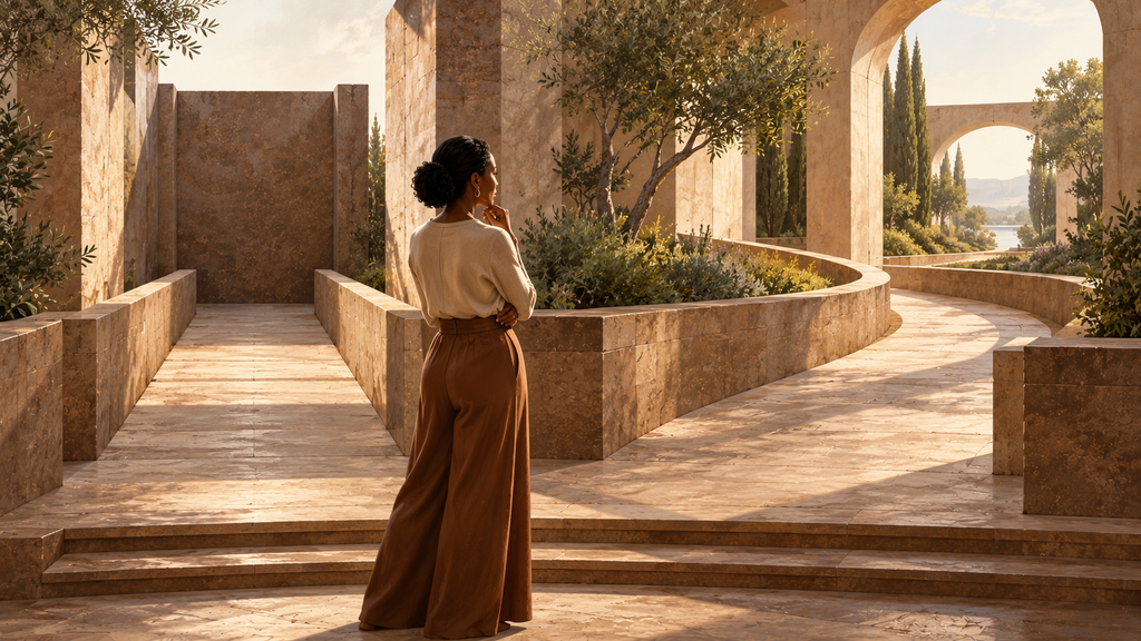 Painterly illustration of a Black woman considering two architectural passages built on the same foundation, representing changing your mind without abandoning your values.